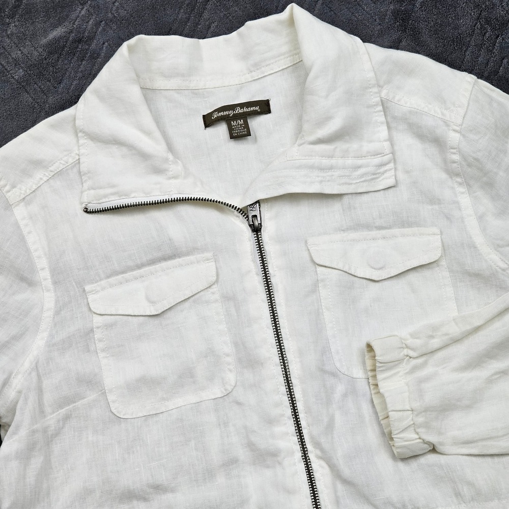 Tommy Bahama Field Jacket Women M White Linen Zip Utility Coastal Safari
